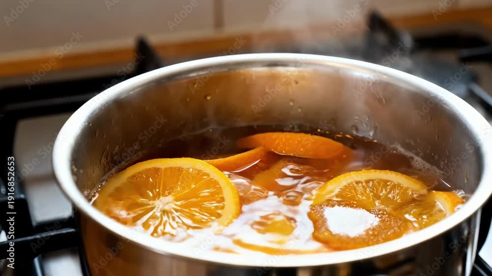 Medium perspective of citrus segments cooking with sugar and pectin in ...
