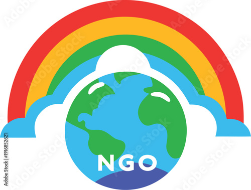 Adobe Illustrator Artwork  World ngo day global connections map with people icons and lines on blue continents
