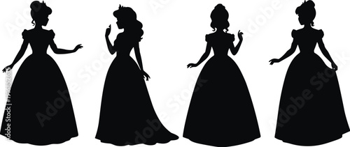 Black silhouette collection of beautiful princesses in ball gowns for fairy tale fantasy wedding invitation and magic kingdom story concept