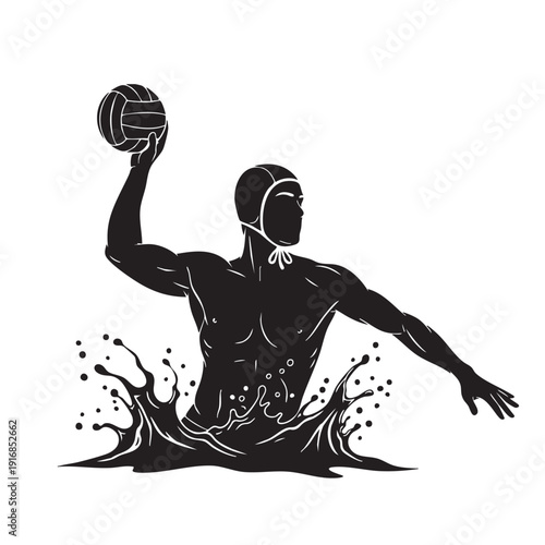 Water polo player graphic, male athlete throwing ball in water, silhouette of swimmer making a splash, competitive aquatic sport action