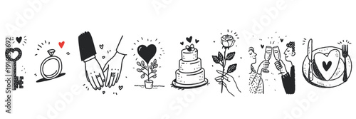 Collection of hand drawn romantic doodles including hearts and wedding elements for valentine day greeting cards and love story decoration concepts