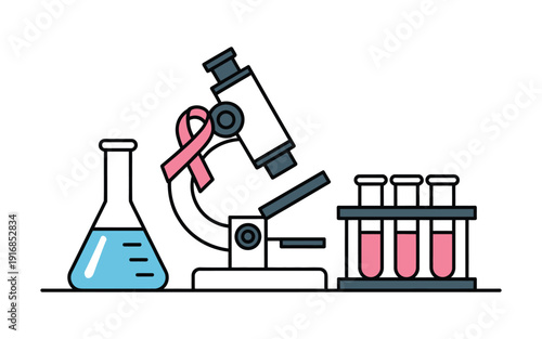 Researching Breast Cancer Microscopy, Vector Concept Showing Laboratory Analysis Microscopic View Of Cancer Cells And Scientific Investigation For Awareness Education And Promoting Research Toward Cur