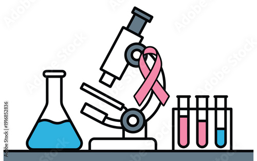 Researching Breast Cancer Microscopy, Detailed Scientific Vector Depiction Of Laboratory Analysis Cancer Cell Study And Medical Research Highlighting Hope For Cure And Advances In Oncology Science.