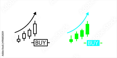 Minimal outline icon set. of candlestick chart with upward trend and buy button representing stock trading, investment decision, and market analysis.