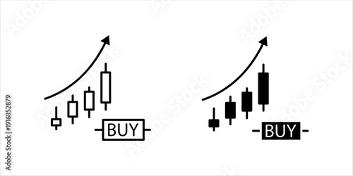 Minimal outline icon set. of candlestick chart with upward trend and buy button representing stock trading, investment decision, and market analysis.