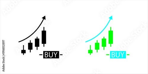 Minimal outline icon set. of candlestick chart with upward trend and buy button representing stock trading, investment decision, and market analysis.