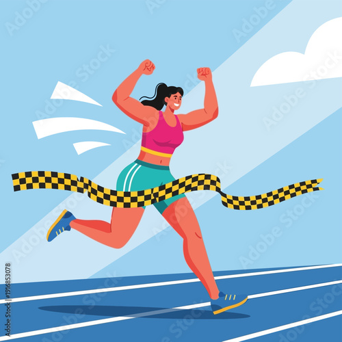 Woman Breaking Finish Line Ribbon.