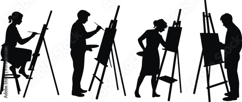 Black silhouette collection of male and female artists painting on canvas with easels for creative studio art class and workshop concept