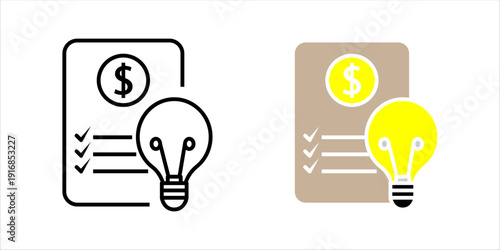 Outline icon set . of financial document with dollar symbol and light bulb representing financial planning, smart budgeting, and business ideas.
