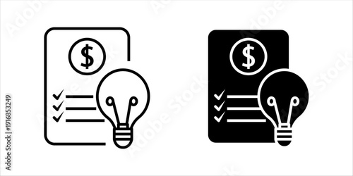 Outline icon set . of financial document with dollar symbol and light bulb representing financial planning, smart budgeting, and business ideas.