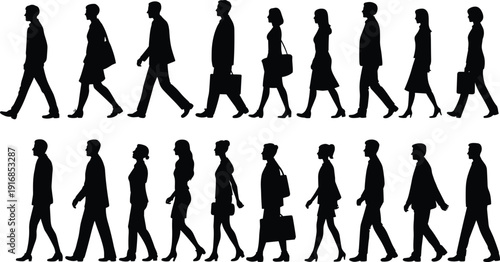 Business silhouettes, walking professionals, office workers, briefcase icons, handbag figures, urban lifestyle, vector illustration, black silhouettes, design elements, corporate motion