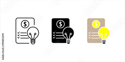 Outline icon set . of financial document with dollar symbol and light bulb representing financial planning, smart budgeting, and business ideas.