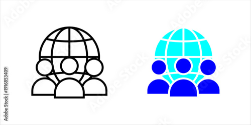 Minimal outline icon set . of people in front of a globe symbolizing global teamwork, international collaboration, and worldwide business network.