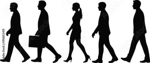 Business people silhouettes walking, corporate workforce vector, professional attire illustration, office staff design, career movement art, business lifestyle concept