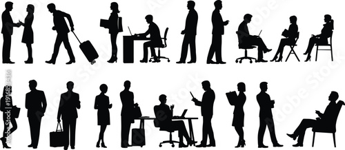 Business professional silhouettes, office worker icons, corporate attire vector, laptop briefcase illustration, reading document design, modern workplace posture art