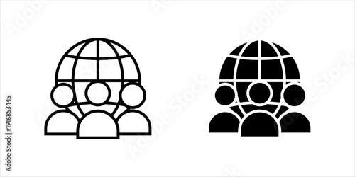 Minimal outline icon set . of people in front of a globe symbolizing global teamwork, international collaboration, and worldwide business network.