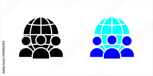 Minimal outline icon set . of people in front of a globe symbolizing global teamwork, international collaboration, and worldwide business network.