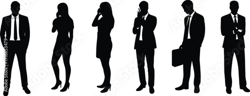Business professionals silhouettes, corporate teamwork, office communication, business attire, mobile phone usage, briefcase, leadership, collaboration, corporate culture, success