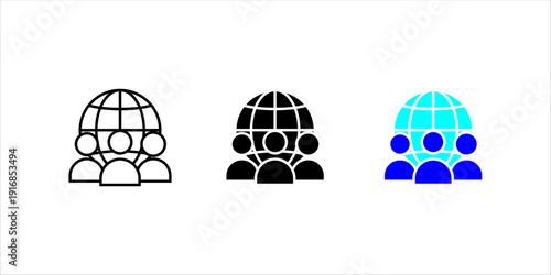 Minimal outline icon set . of people in front of a globe symbolizing global teamwork, international collaboration, and worldwide business network.