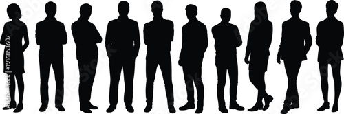Business silhouettes, corporate team, professional attire, diverse posture, standing row, teamwork concept, office people, leadership, collaboration, corporate diversity, success