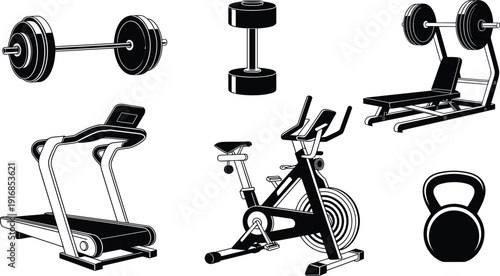 Black silhouette illustration of gym equipment including barbell, dumbbell, bench press, treadmill, exercise bike, and kettlebell, symbolizing fitness, workout, strength training, and vector artwork