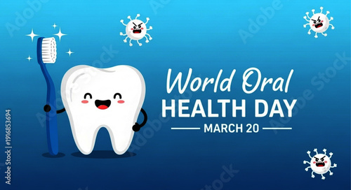 Celebrate World Oral Health Day on March 20th with a Happy Tooth and Toothbrush Illustration