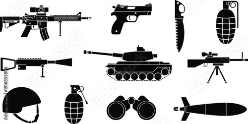Black silhouette illustration of military weapons and equipment including rifles, handgun, knife, grenade, tank, helmet, binoculars, missile, and combat gear in vector artwork