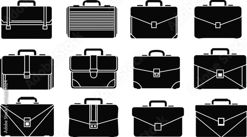 Black silhouette set of various professional business briefcases messenger bags and laptop cases for corporate work formal career and commerce