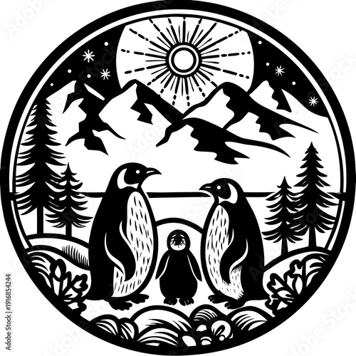Circular black and white scene depicting a penguin family in a sunny, mountainous winter landscape.