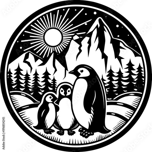 Penguin family silhouette emblem with sun, mountains, and pine trees in a circle