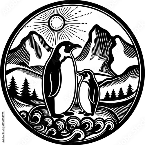 Parent and child penguin in a circle emblem with sun, mountains, and water