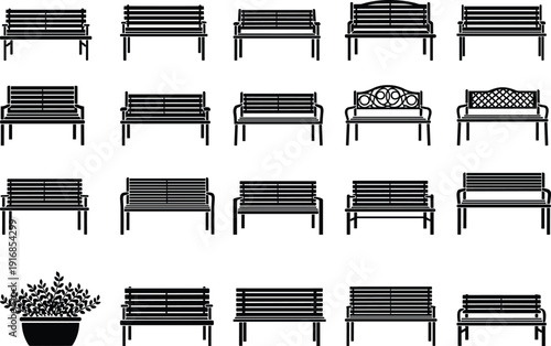 WebBlack vector silhouette set of various park benches and garden seating with a decorative potted plant for outdoor recreation landscaping and urban branding