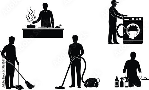 Black vector silhouette set of men performing household chores including cooking cleaning with a vacuum sweeping floors and doing laundry for domestic service branding design
