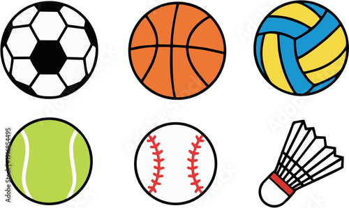 Assorted Sports Equipment Icons Featuring Soccer Ball, Basketball, Volleyball, Tennis Ball, Baseball, and Shuttlecock