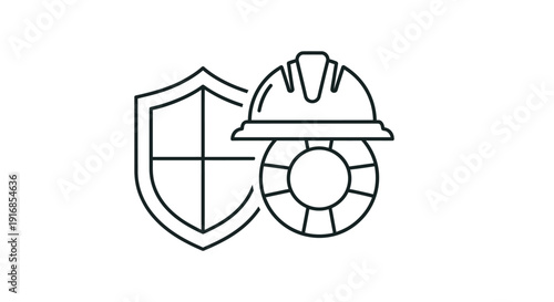 Safety icon featuring a hard hat combined with a shield and gear symbol