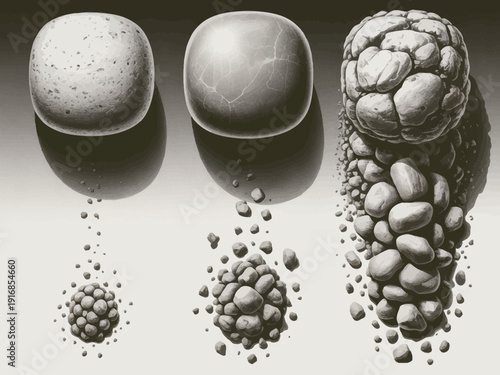 Detailed illustration of three stages of particle formation and dispersion.