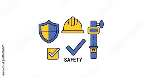 Safety icons including a hard hat shield and check marks on a white background