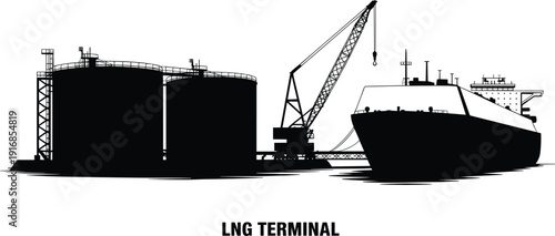 Industrial silhouette of an LNG terminal with storage tanks cargo ship and crane for energy fuel power and global shipping concept