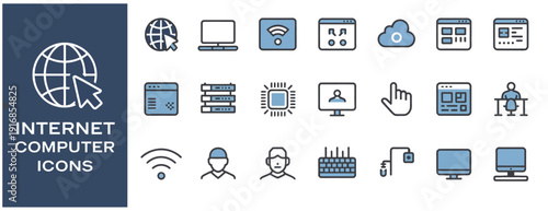 online technology icon set, computer, network, website, server, software, hardware, programming, solid vector collection for web use.