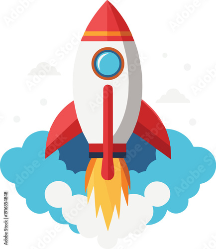 A vibrant cartoon rocket ship ascends through fluffy blue clouds leaving a fiery trail behind high quality professional