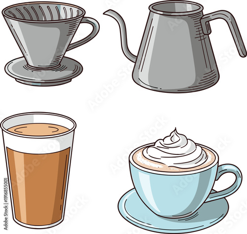 Colorful hand drawn vector set of coffee brewing equipment featuring a pour over dripper kettle latte and cappuccino with whipped cream for cafe branding