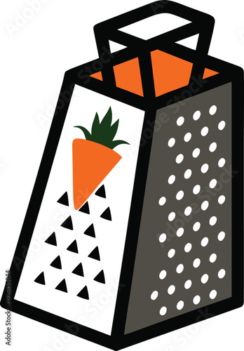 A stylized illustration depicts a black grater with an orange carrot being grated into small pieces high quality