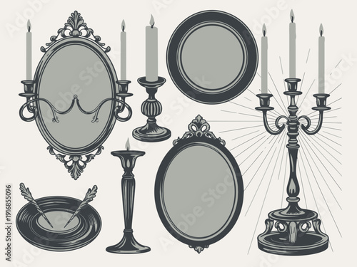 Vintage Candles and Antique Mirrors Illustration Set.