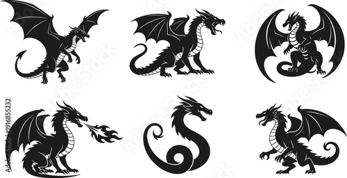 Collection of six different dragon silhouettes in various poses on white background