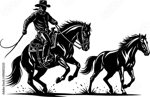 cowboy riding horse with another horse running beside them in a natural outdoor setting