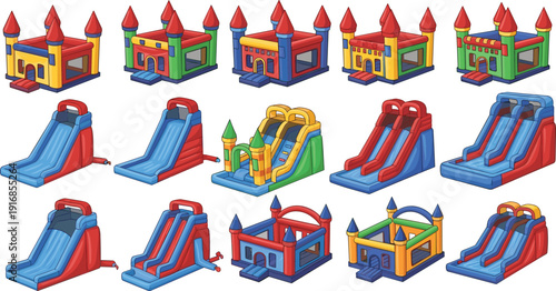 Colorful vector set of various inflatable bouncy castles and water slides for children outdoor summer party recreation events and amusement park equipment branding
