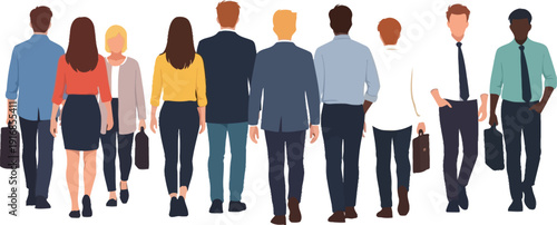 a diverse group of business people walking in various casual and formal attire