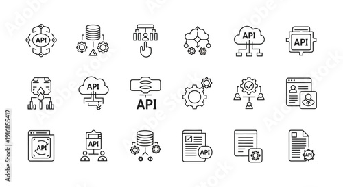Collection of API Icons Representing Software Integration and Data Exchange.