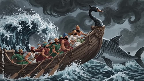 Divine Matsya Avatar Guiding Ornate Boat of Sages in Hindu Mythological Scene. Matsya Avatar of Vishnu – Divine Fish Incarnation Guiding Sages on Sacred Boat. 