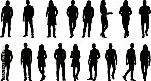 Collection of people silhouettes in various poses on white background